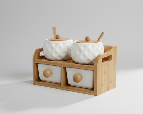 Porta Condimentos 2 Potes 2 Gavetas De Ceramica Colher Bambu Branco