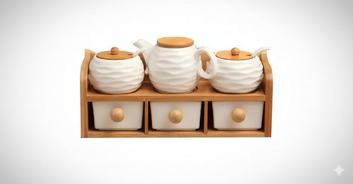 Porta Condimento 2 Potes 1 Bule 3 Gavetinhas 6 Pçs Ceramica Branco