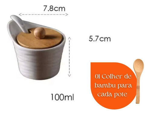 Porta Condimento Giratório Em Bambu E Porcelana 360graus Branco