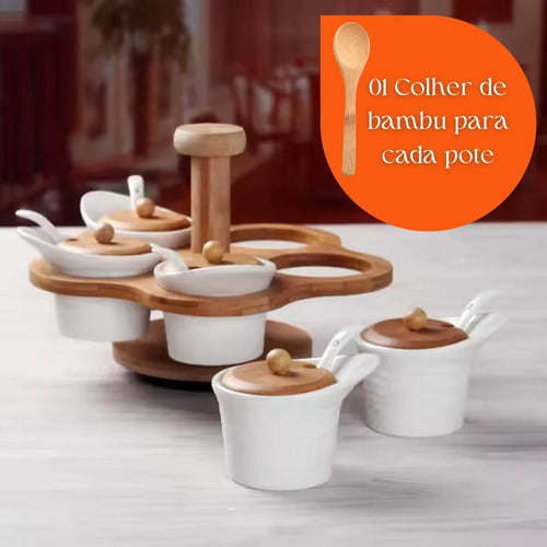 Porta Condimento Giratório Em Bambu E Porcelana 360graus Branco