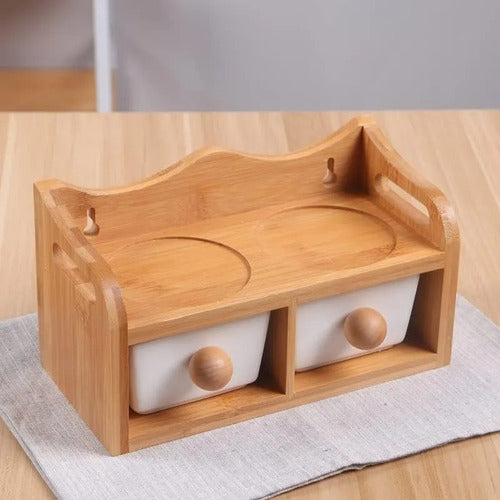 Porta Condimentos 2 Potes 2 Gavetas De Ceramica Colher Bambu Branco