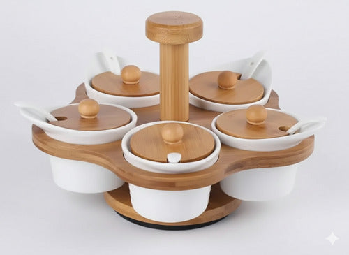 Porta Condimento Giratório Em Bambu E Porcelana 360graus Branco