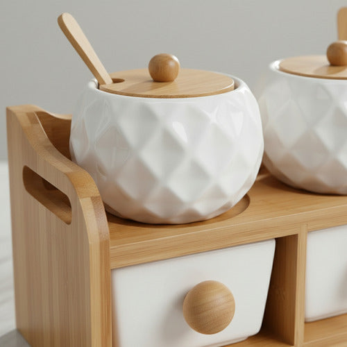 Porta Condimentos 2 Potes 2 Gavetas De Ceramica Colher Bambu Branco