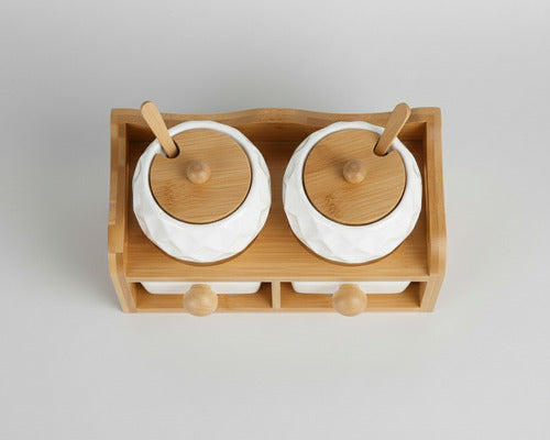 Porta Condimentos 2 Potes 2 Gavetas De Ceramica Colher Bambu Branco