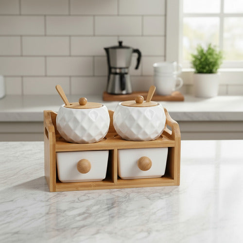 Porta Condimentos 2 Potes 2 Gavetas De Ceramica Colher Bambu Branco