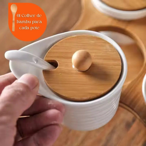 Porta Condimento Giratório Em Bambu E Porcelana 360graus Branco